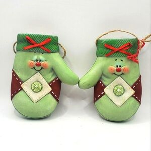 Vintage Ceramic Handpainted Christmas Stocking Winter Mittens Ornaments Set Of 2